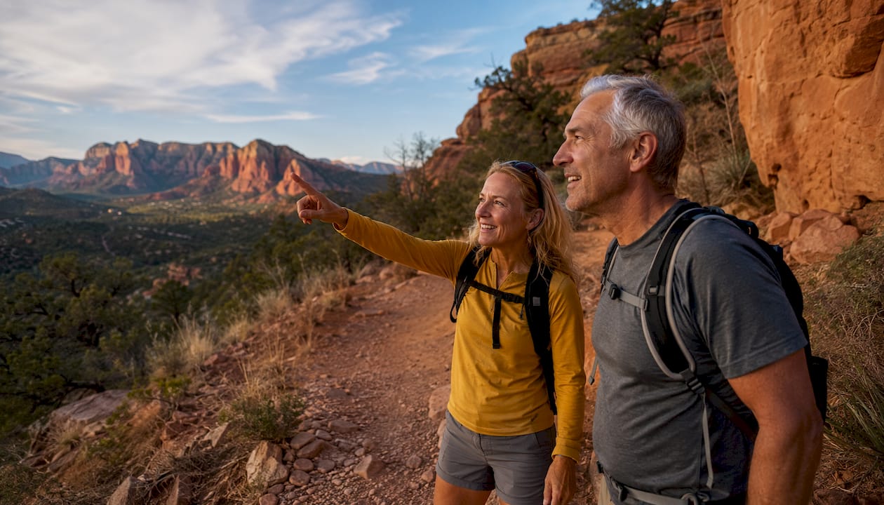 Couple hiking Airport Mesa vortex trail at sunset