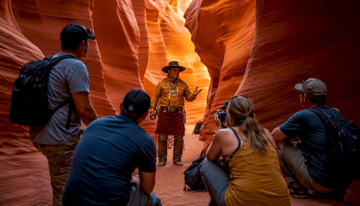 Navajo guide briefing tourists at Lower Antelope Canyon entrance