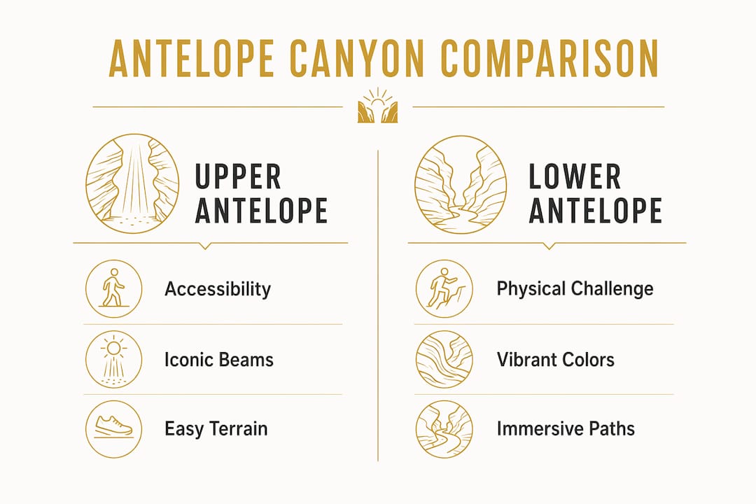 Infographic comparing Upper and Lower Antelope Canyon highlights