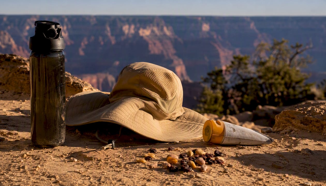 Hiking gear essentials on canyon rock