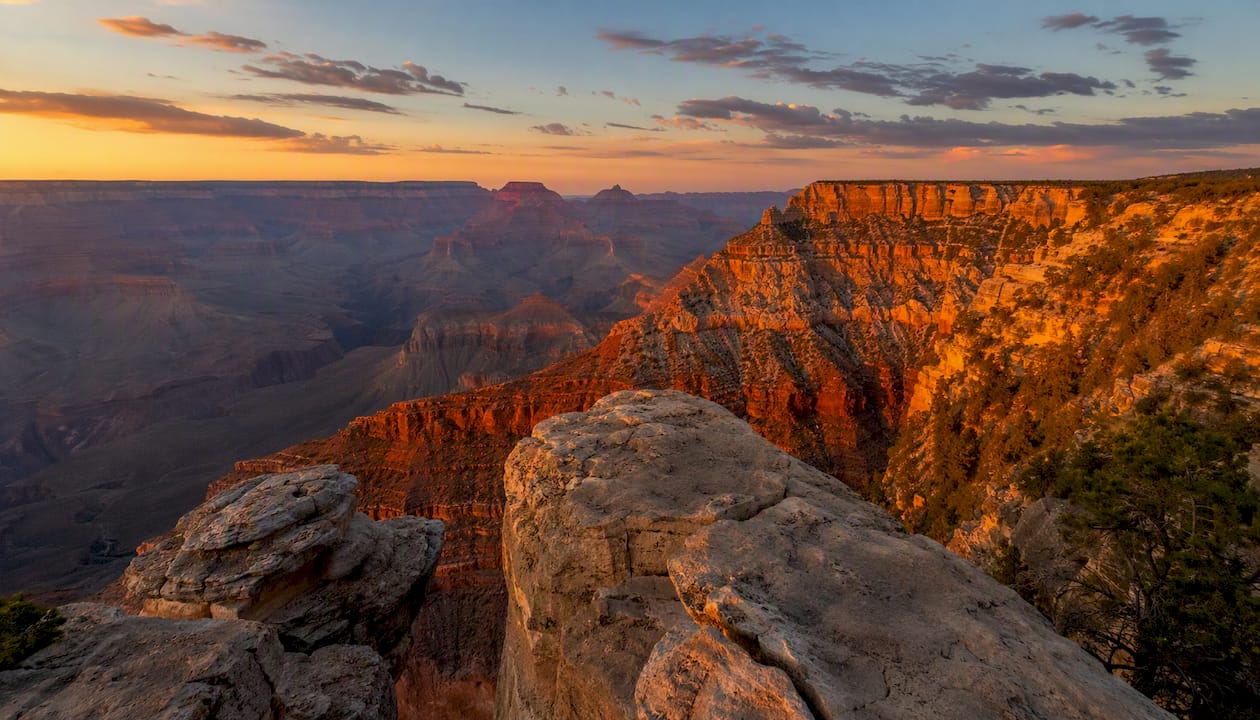 Golden sunset light on Grand Canyon rim
