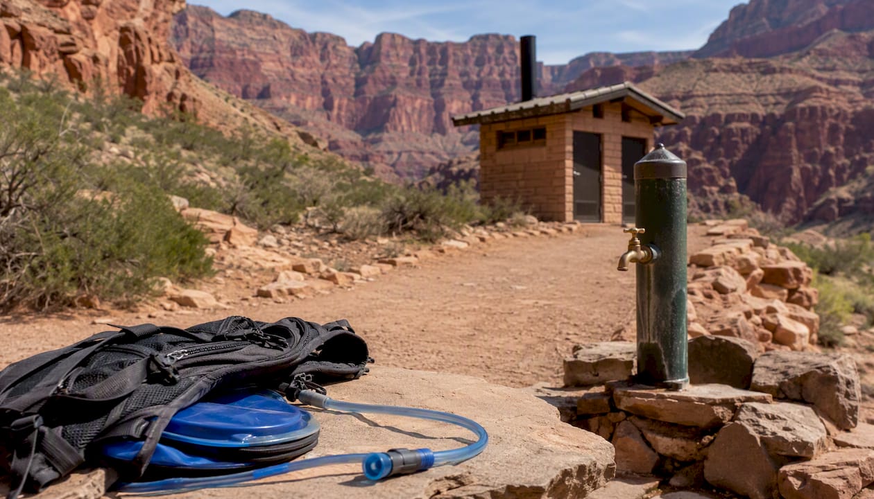 Trail water station and hydration gear on Bright Angel Trail