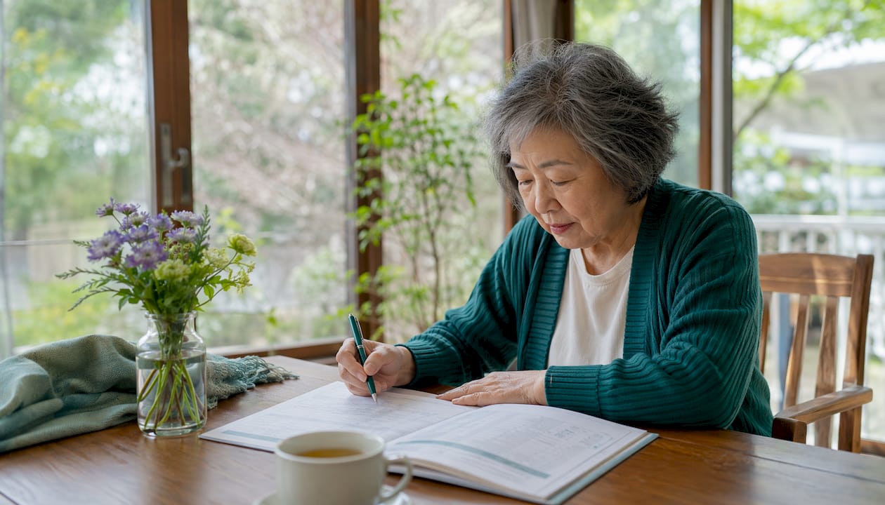 Caregiver reviewing behavior diary on patio