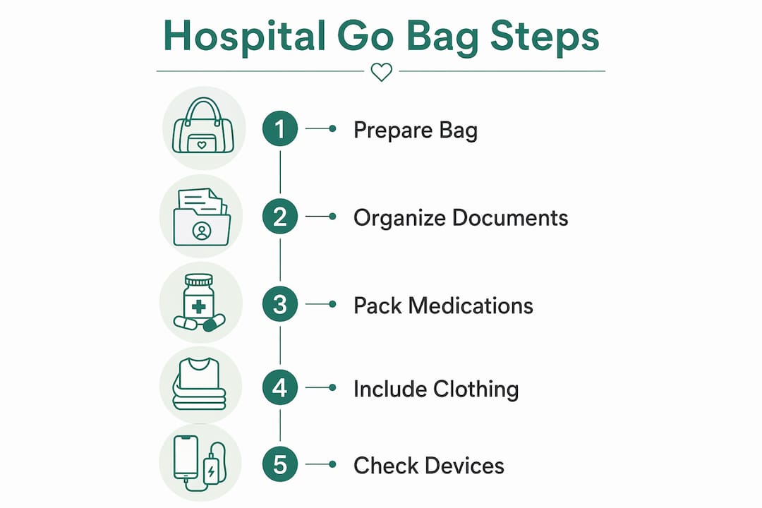 Infographic outlining steps to organize hospital go bag