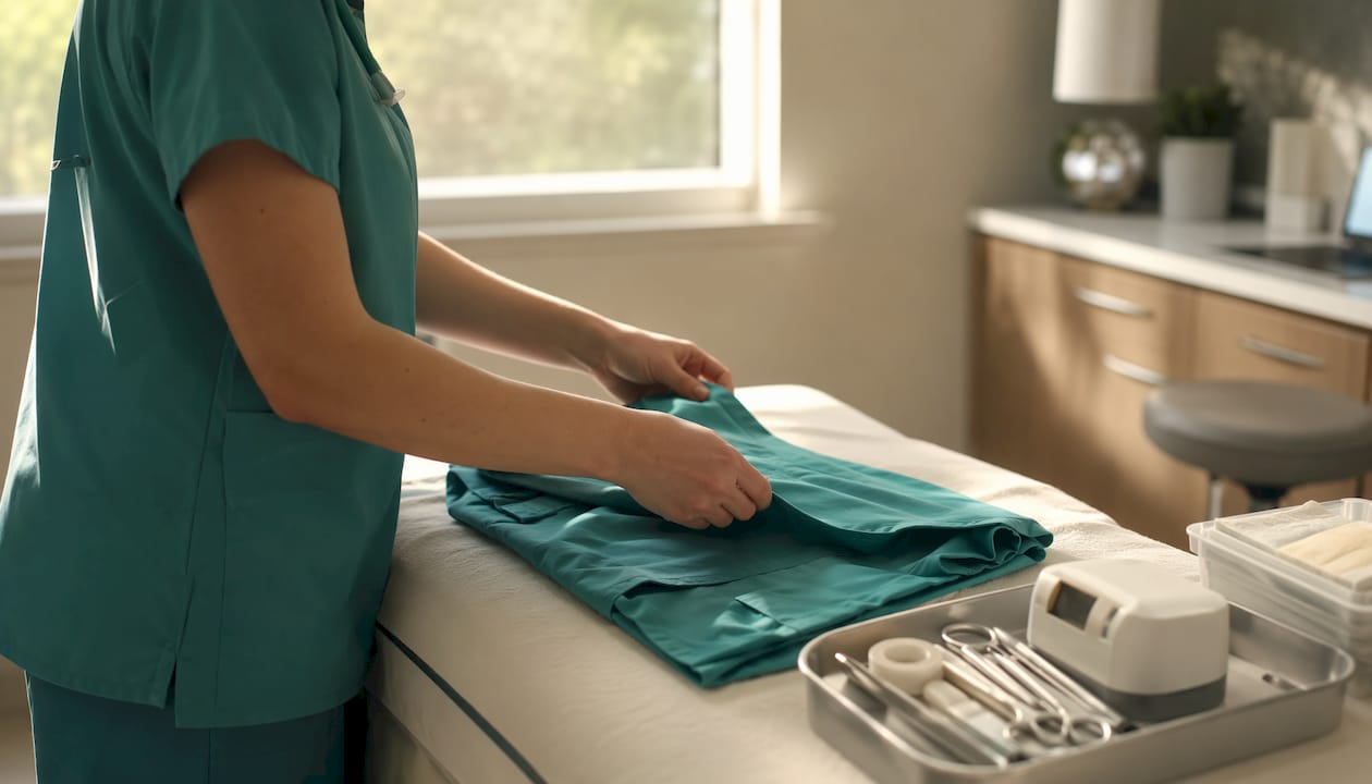 Hands folding hospital gown for patient