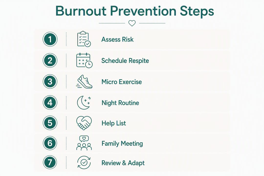 Infographic outlining caregiver burnout prevention steps