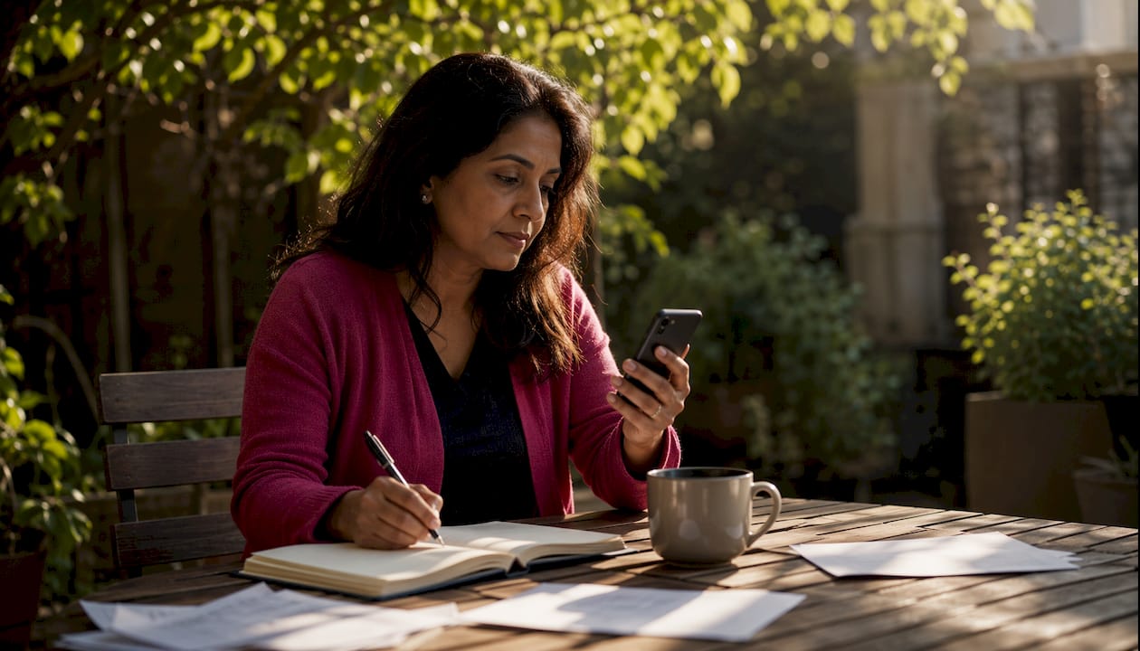 Woman reviewing guidelines on smartphone in café