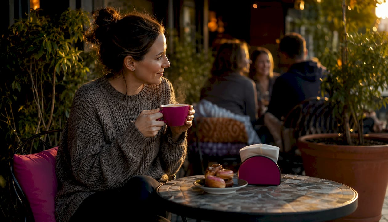 Woman listening in pub corner at munch event