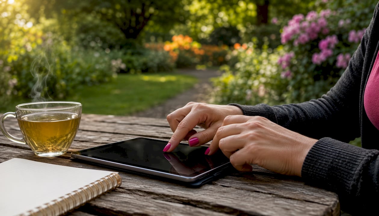 Hands typing on laptop choosing video chat platform in cafe