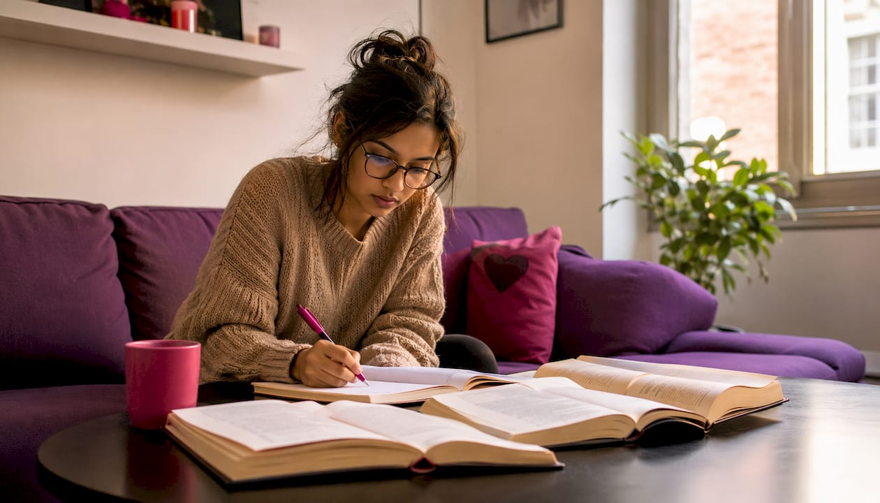 Person studying polyamory relationship books at home