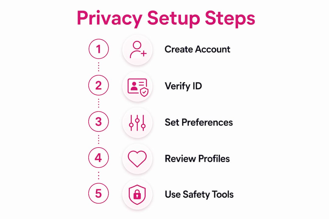Infographic outlining key privacy setup steps for dating apps