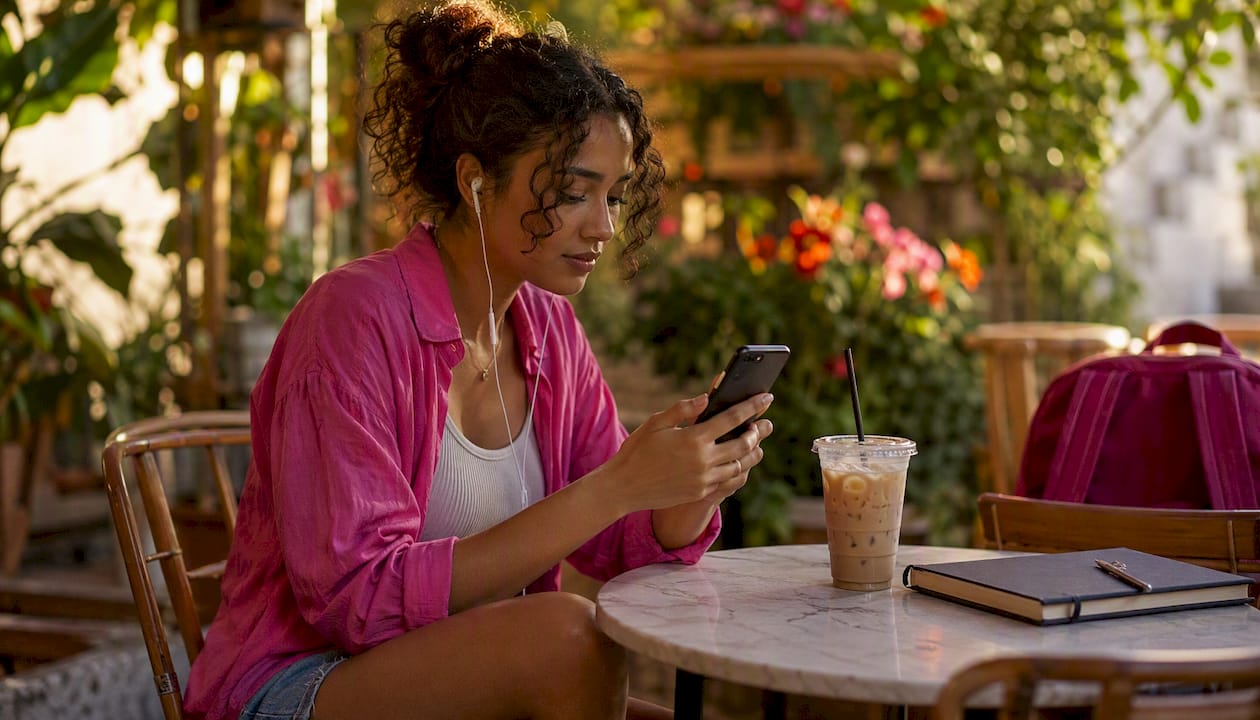 Young woman using dating app in coffee shop