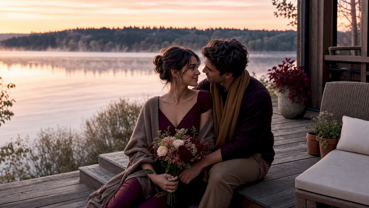 Couple at Villa del Balbianello at sunrise