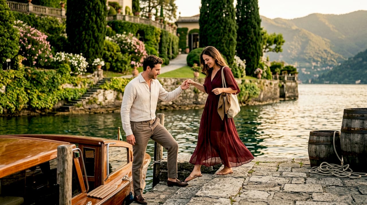 Couple arriving by boat at Villa del Balbianello dock