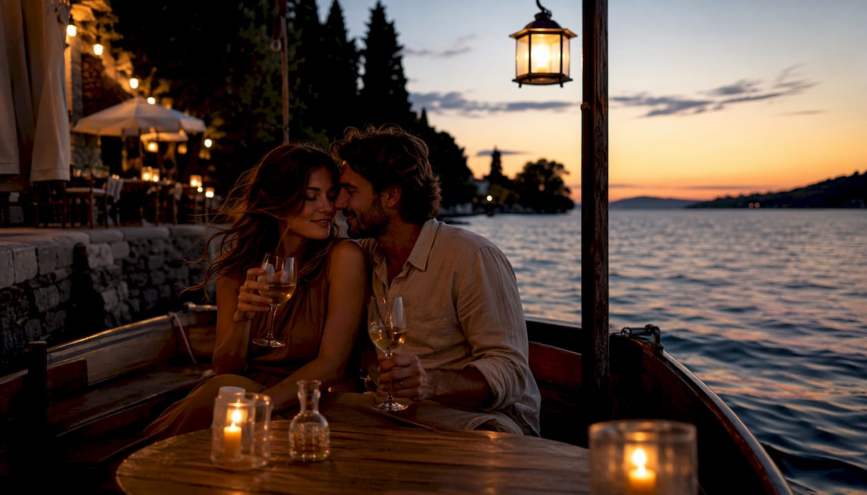 Couple dining on candlelit waterfront terrace at dusk