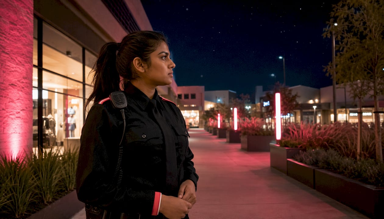 Female security guard on post at building entrance during twilight