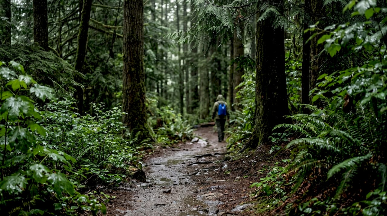 La lluvia cae suavemente sobre un bosque frondoso y lleno de humedad.