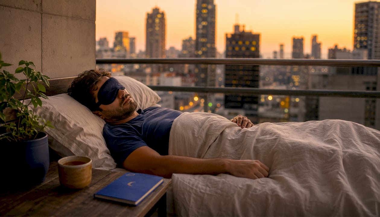 Un hombre descansa plácidamente con auriculares puestos mientras la ciudad bulle a su alrededor.