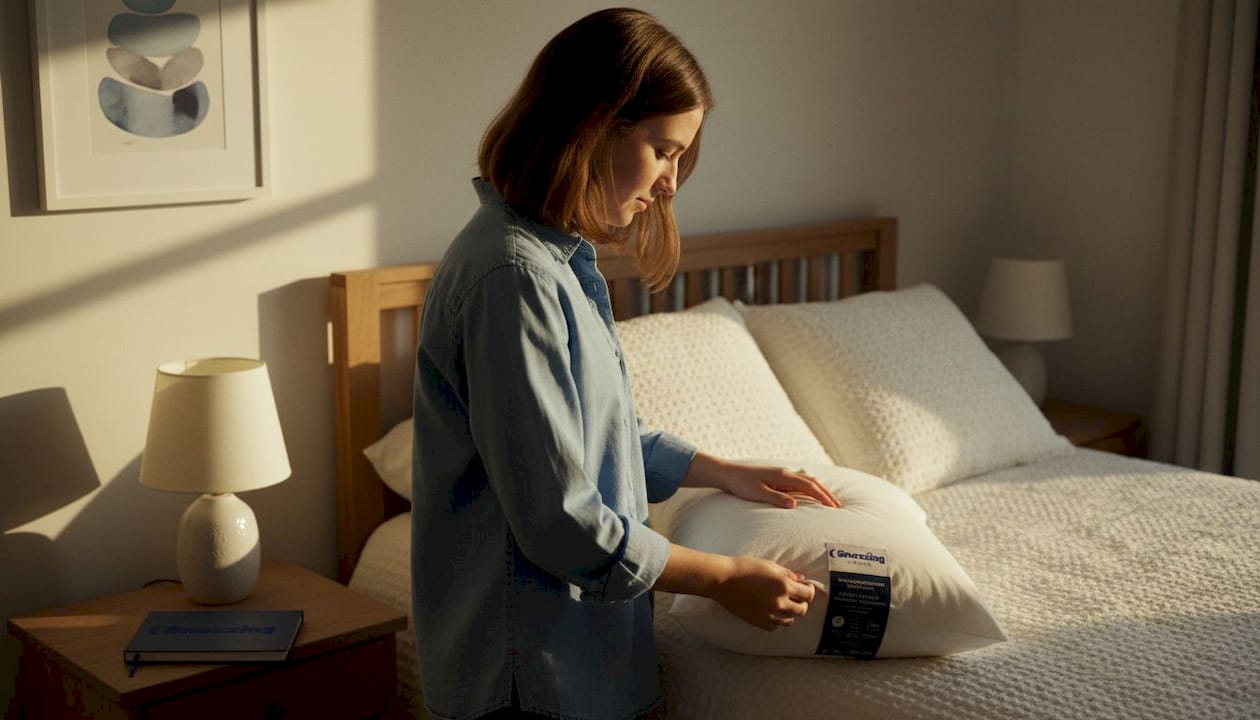 Mujer comprobando la comodidad de una almohada Pikolin Home en su dormitorio
