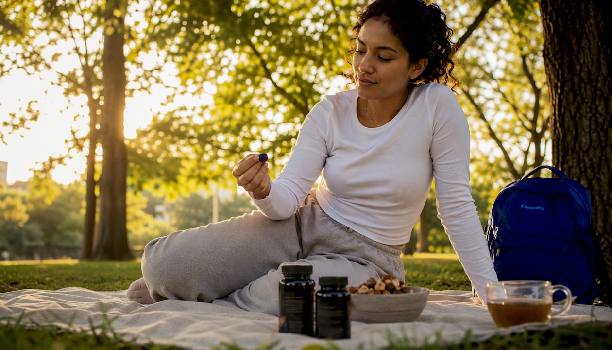 Mujer en la cocina preparando sus suplementos naturales para descansar mejor