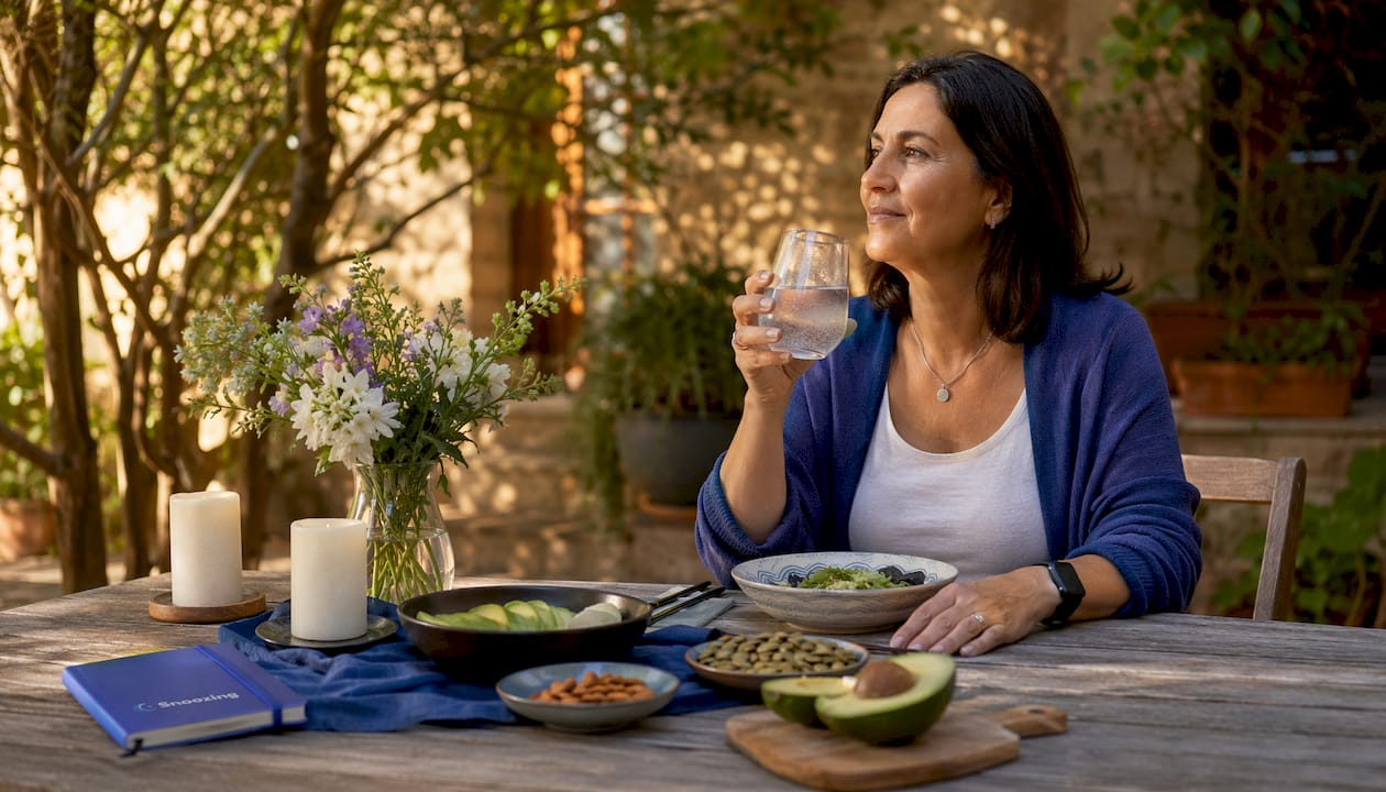 Mujer sentada a la mesa disfrutando de una cena llena de alimentos ricos en magnesio