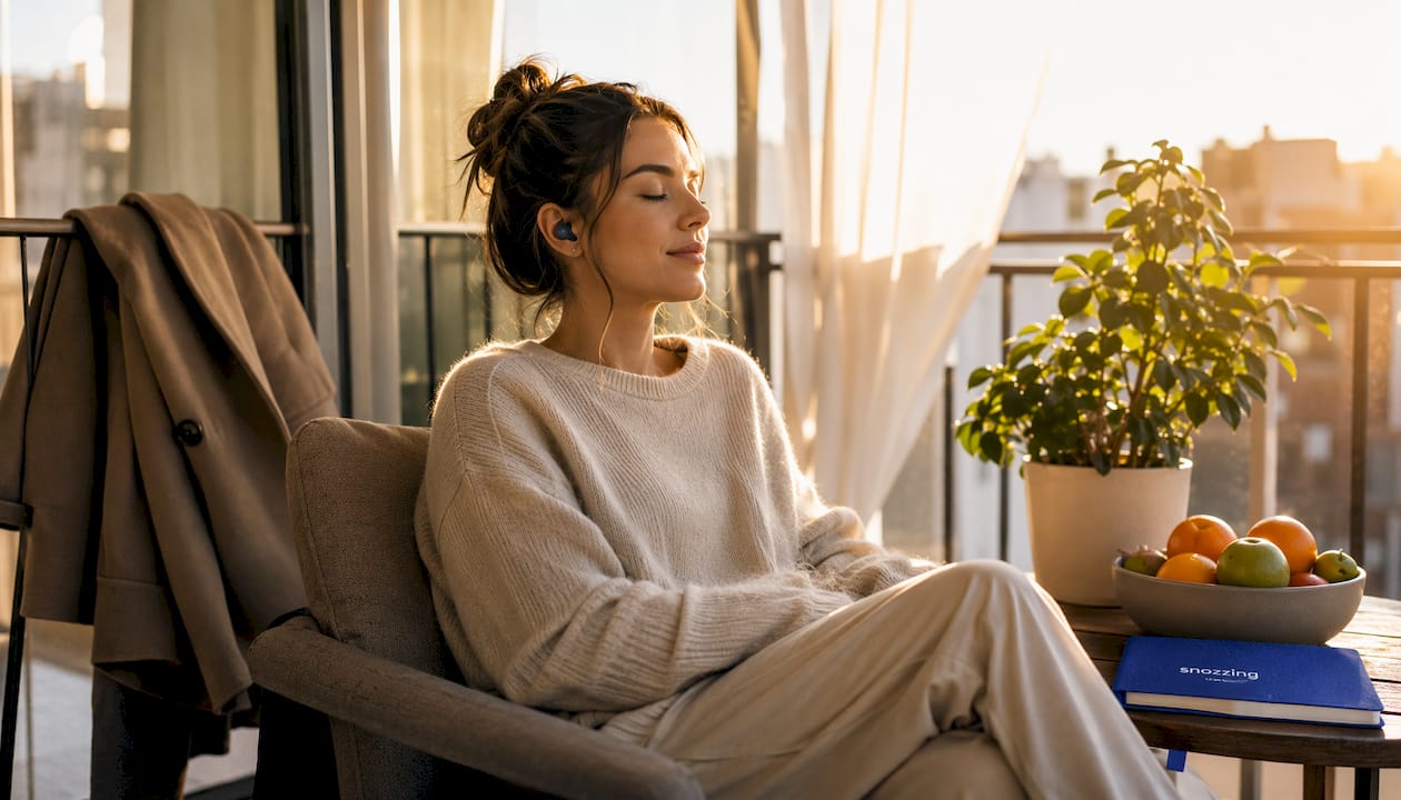 Mujer disfrutando de un momento de descanso escuchando música con auriculares antes de dormir