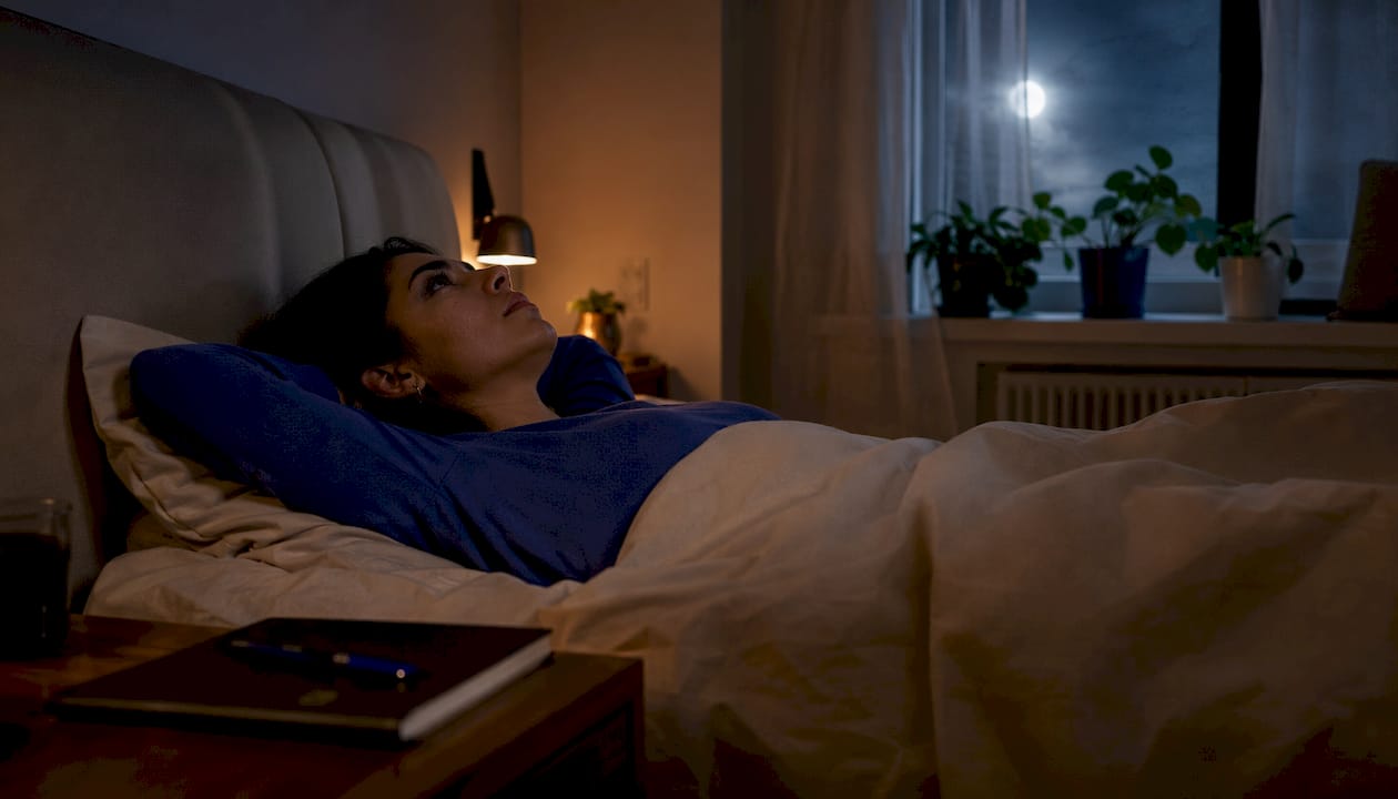Una mujer se despierta en su habitación en plena noche.