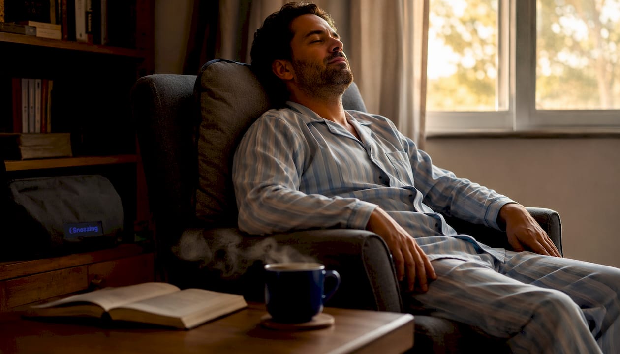 Un hombre descansa con una almohada firme apoyada en su espalda.