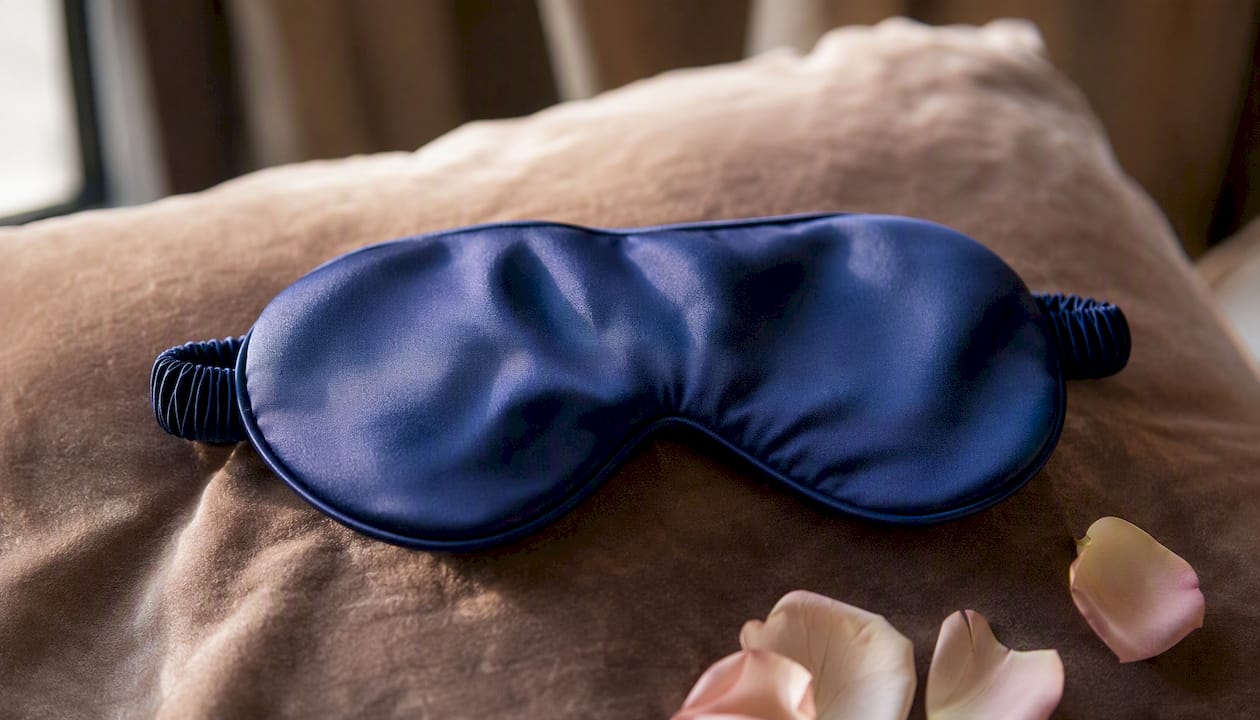 Detalle en primer plano de la textura de la seda de un antifaz para dormir
