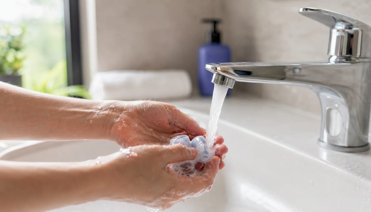 Una persona enjuaga tapones de silicona para los oídos bajo el grifo.
