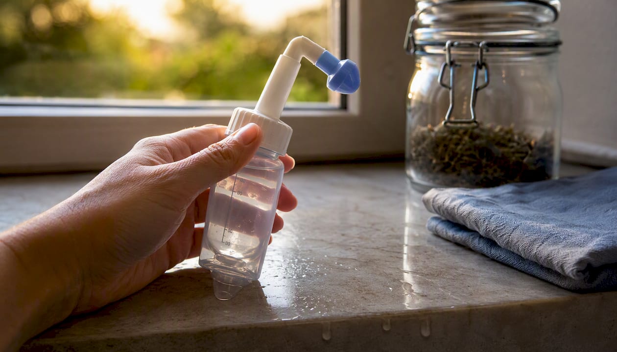 Persona usando un enjuague nasal con suero fisiológico sobre el lavabo