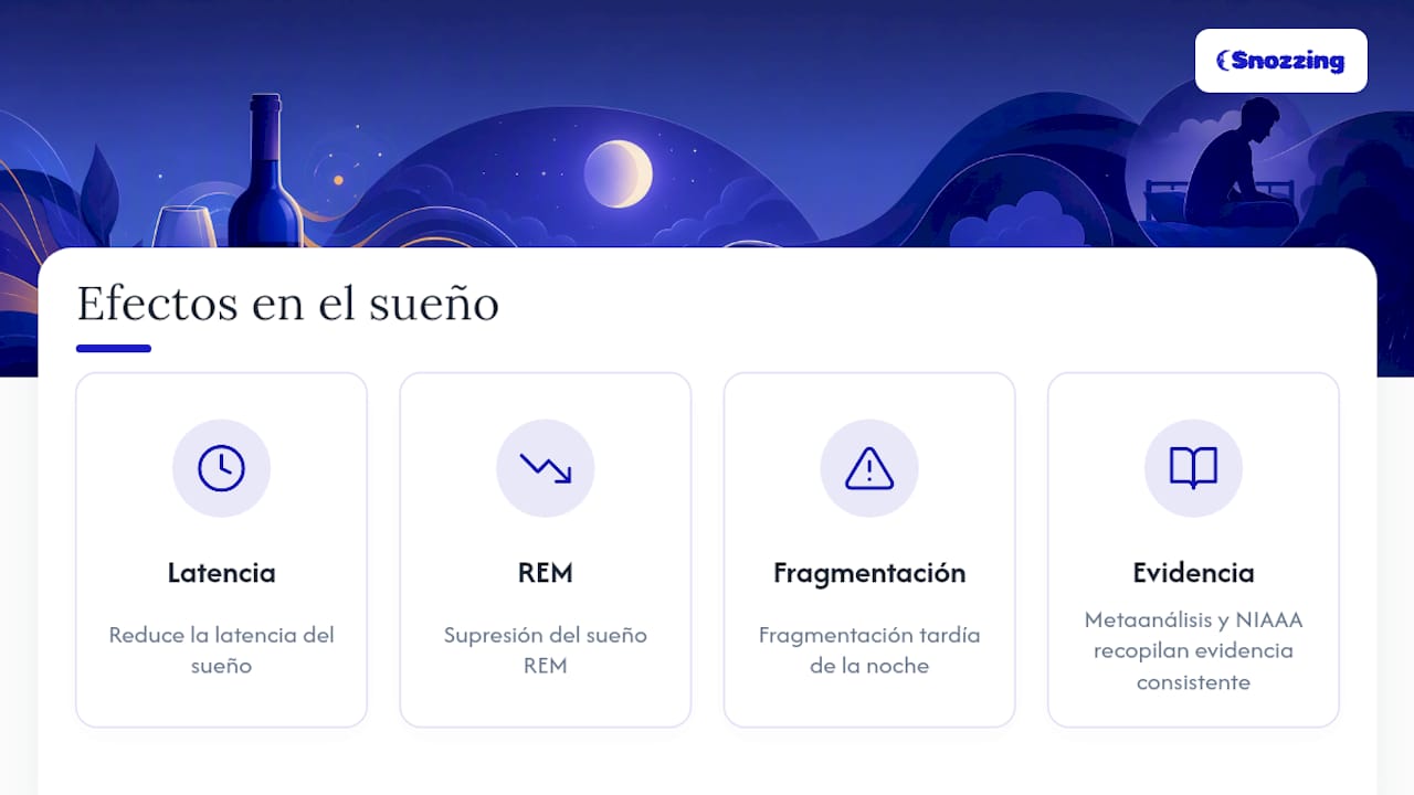 Gráfico que ilustra cómo el consumo de alcohol afecta el tiempo que tardamos en dormirnos, reduce la fase REM y provoca interrupciones en el sueño.