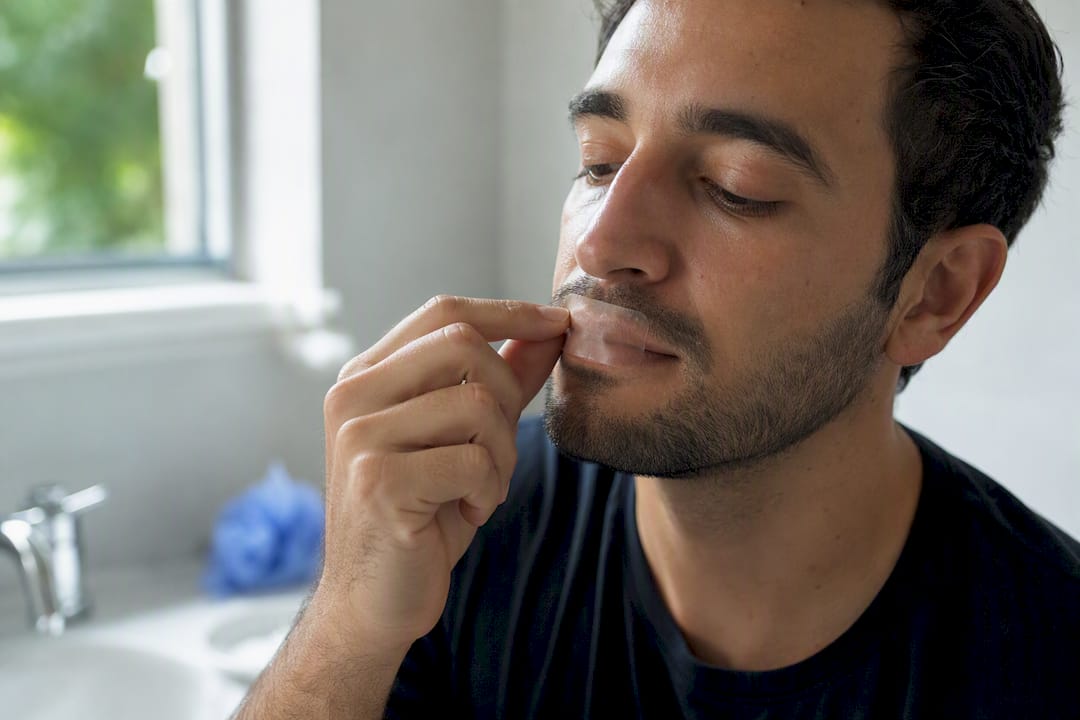 Mano aplicando cinta para dormir en los labios
