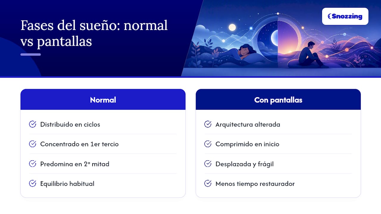 Diagrama que muestra las fases del sueño y los efectos de las pantallas
