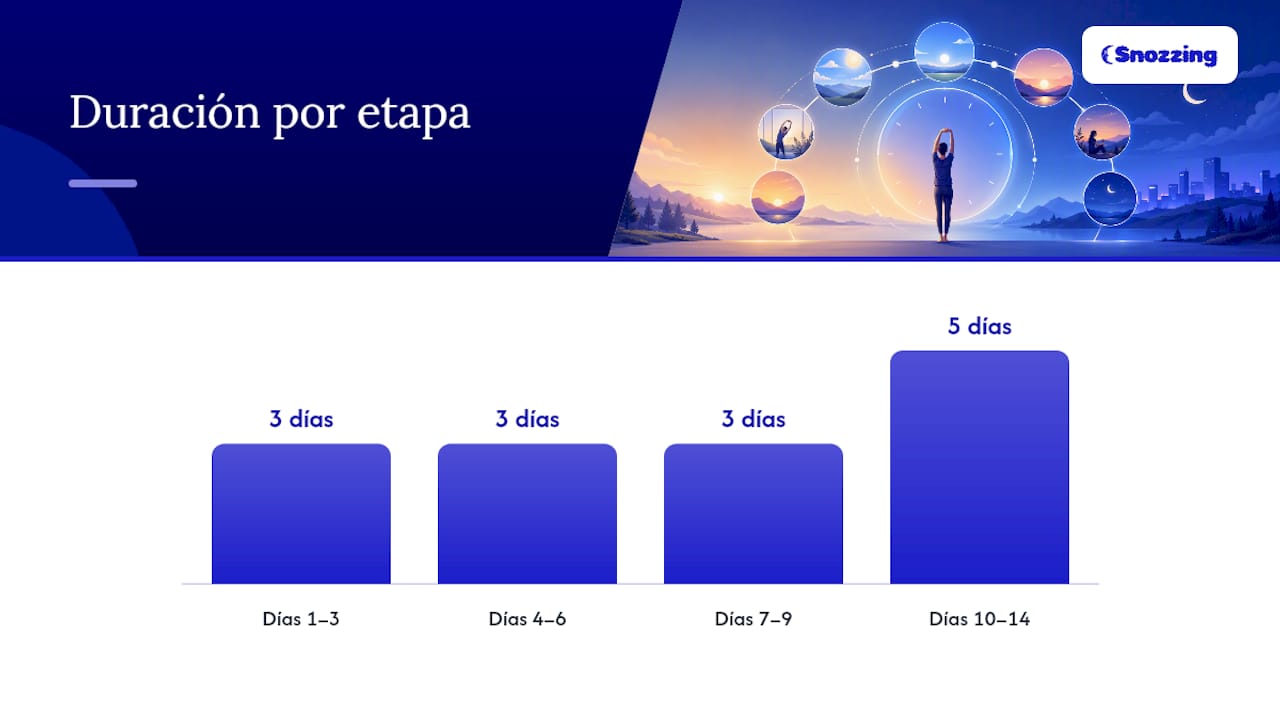 Plan progresivo de 7 a 14 días para reajustar tu horario — overview diagram
