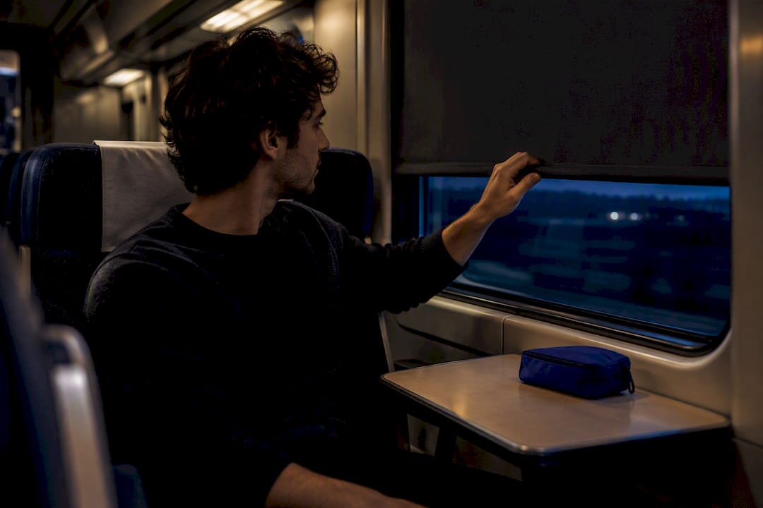 Pasajero regulando la luz en un tren nocturno