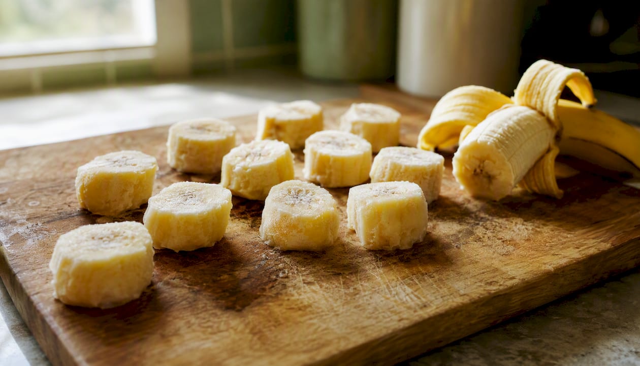 Frozen ripe banana chunks in bowl