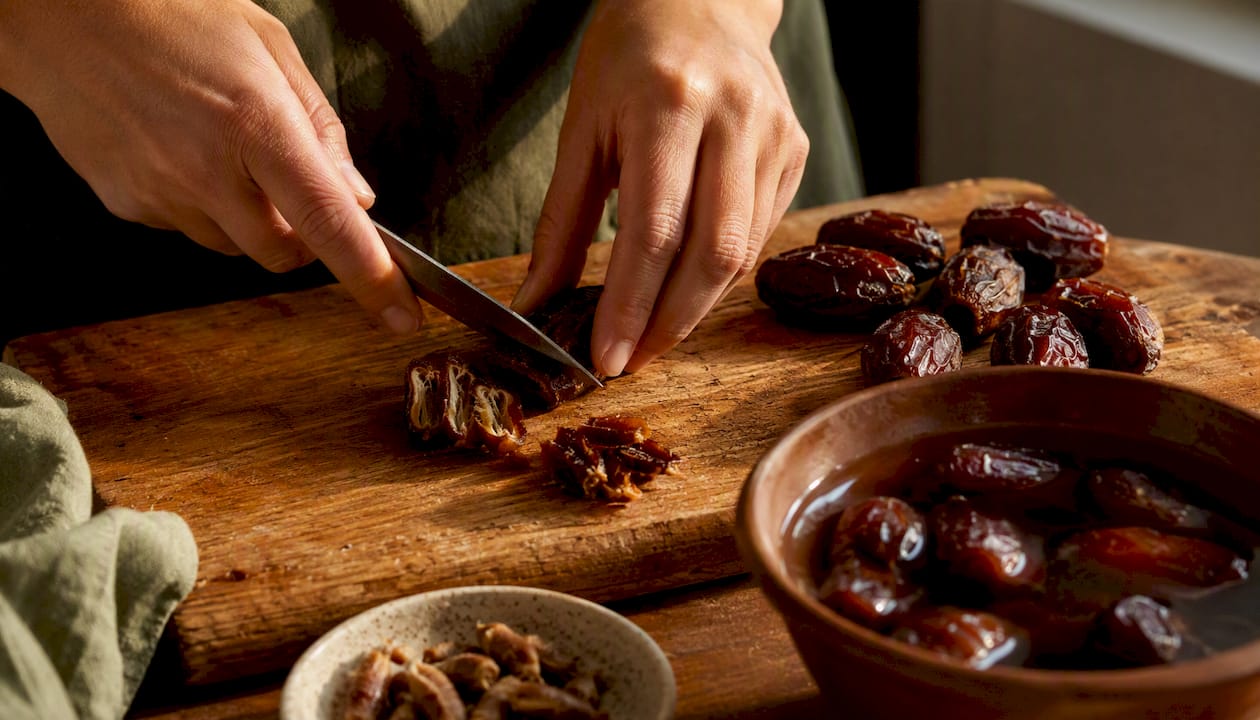Hands pitting Medjool dates on cutting board
