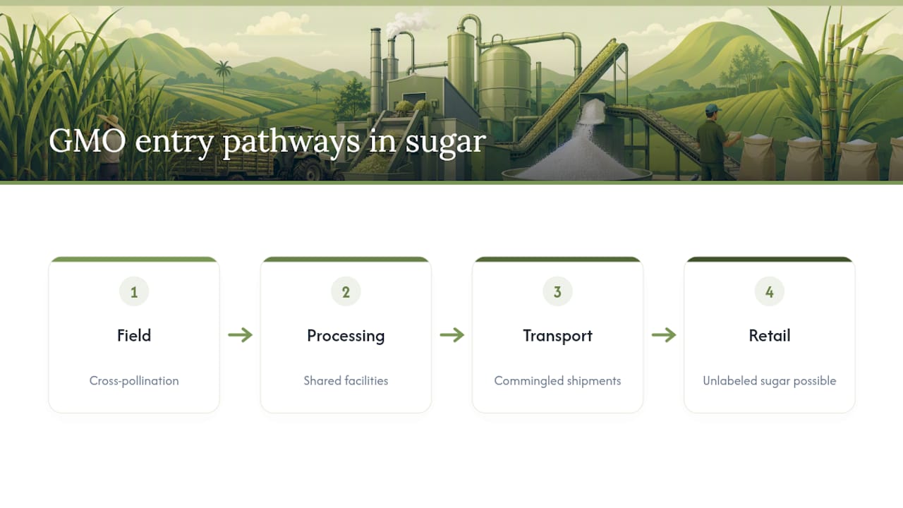 Diagram comparing GMO beet and non-GMO cane sugar supply chain risks