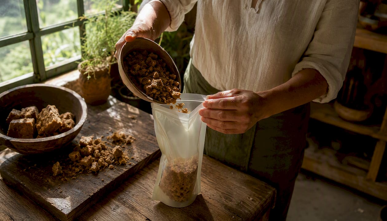 Hands sealing panela in moisture-barrier packaging