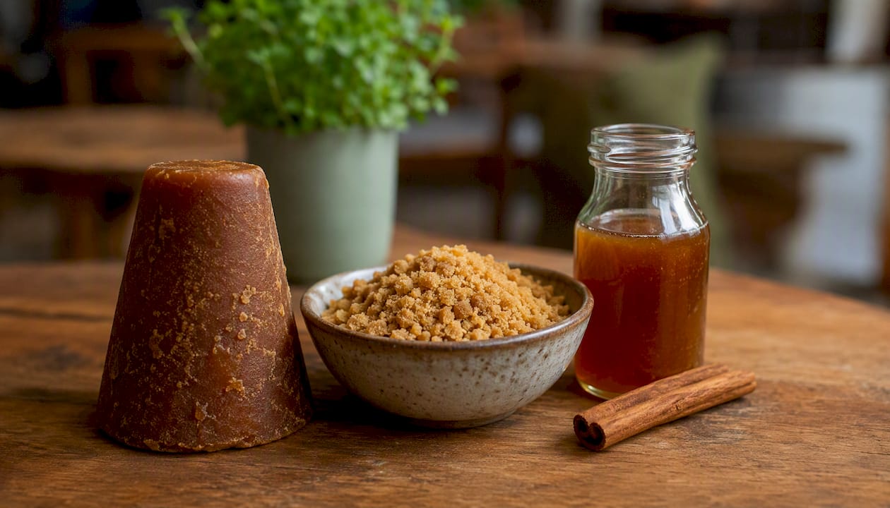 Three forms of panela sugar on surface