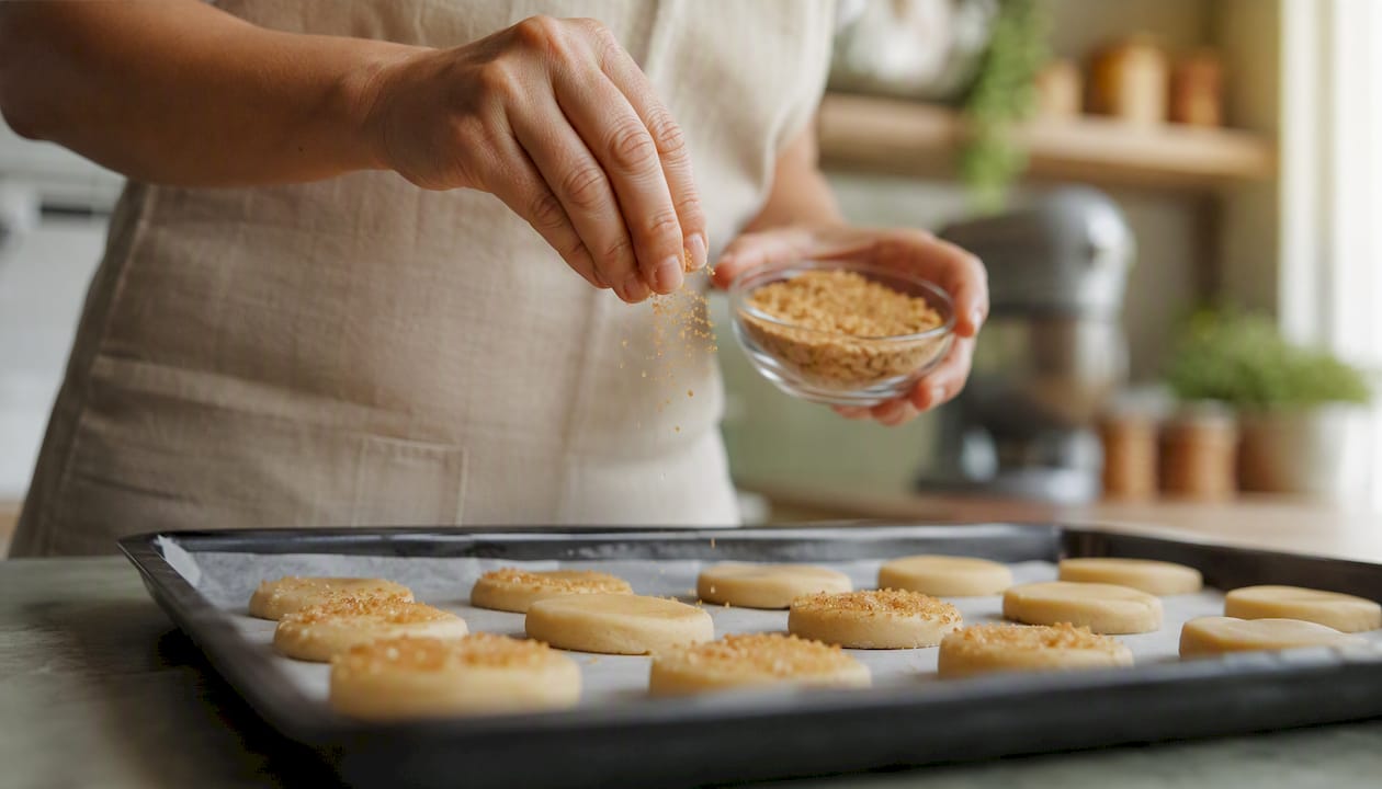 Hands sprinkling panela sugar on cookies
