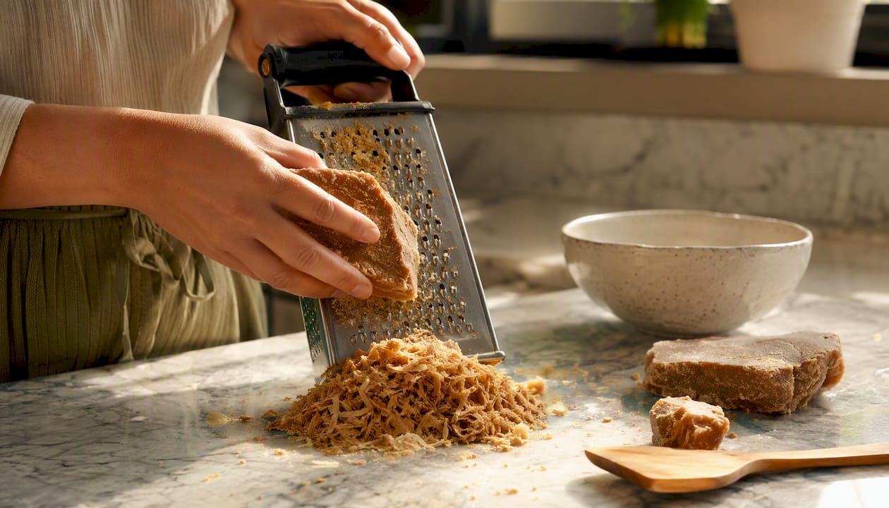 Hands grating solid panela block in kitchen