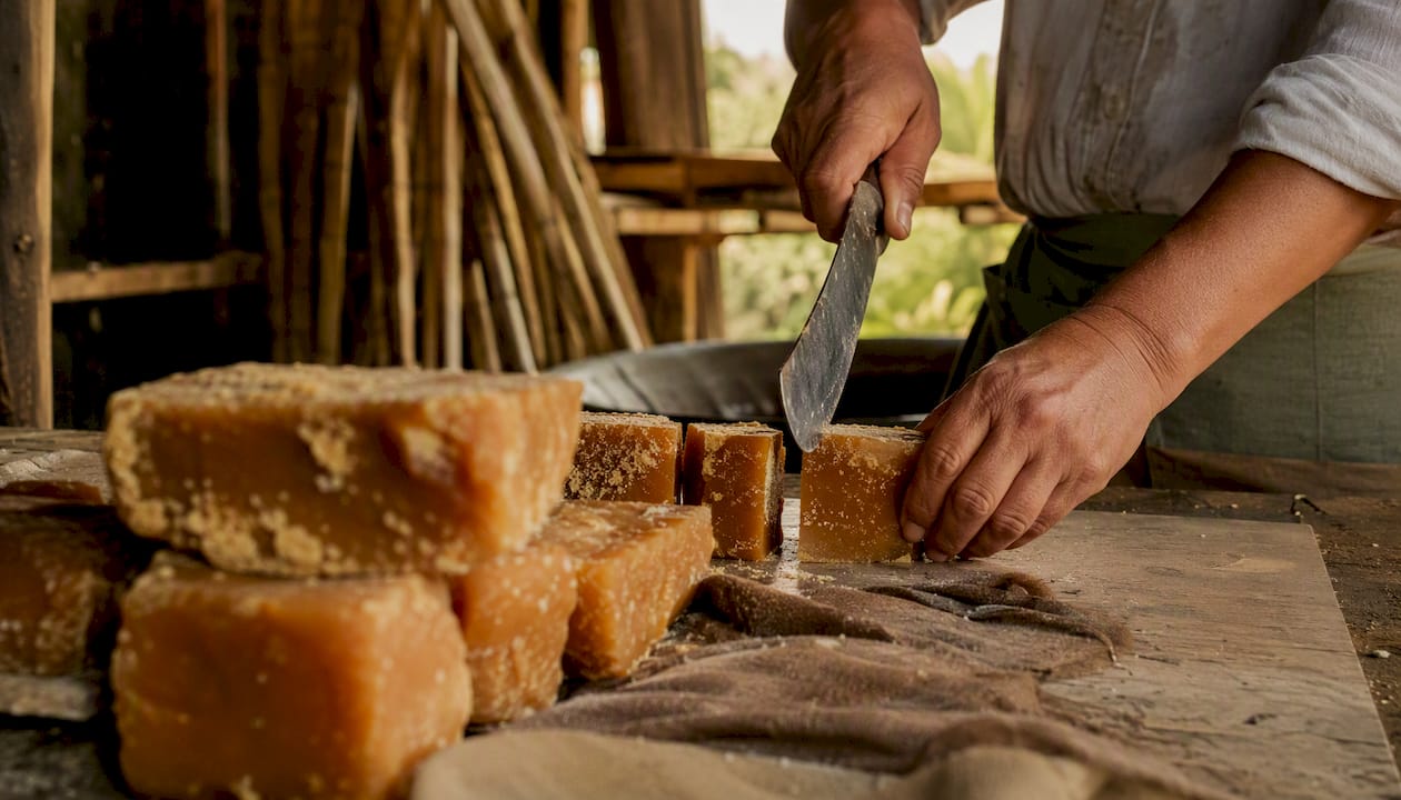 Hands cutting artisanal organic panela blocks