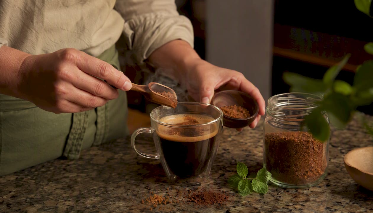 Hands adding panela granules to coffee cup