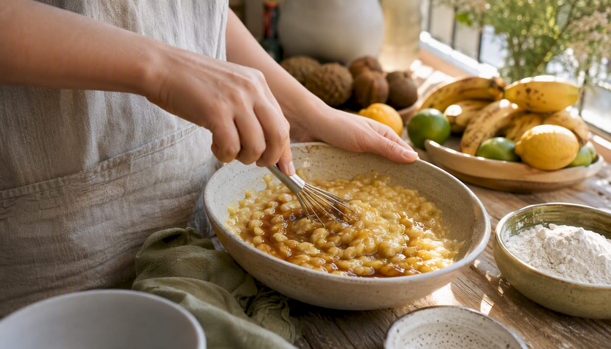 Hands adding panela syrup to baking bowl