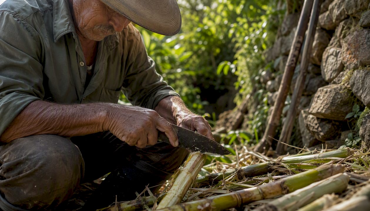 Hands holding sugarcane stalks outdoors