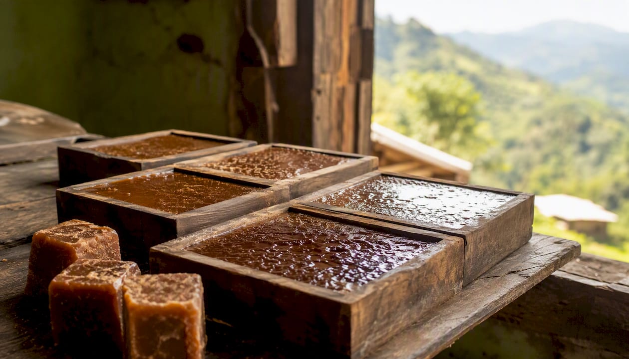 Molasses-rich panela blocks cooling in wooden molds