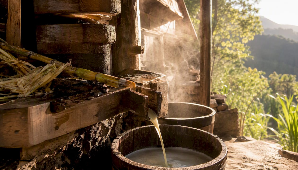Traditional sugarcane crushing with trapiche mill