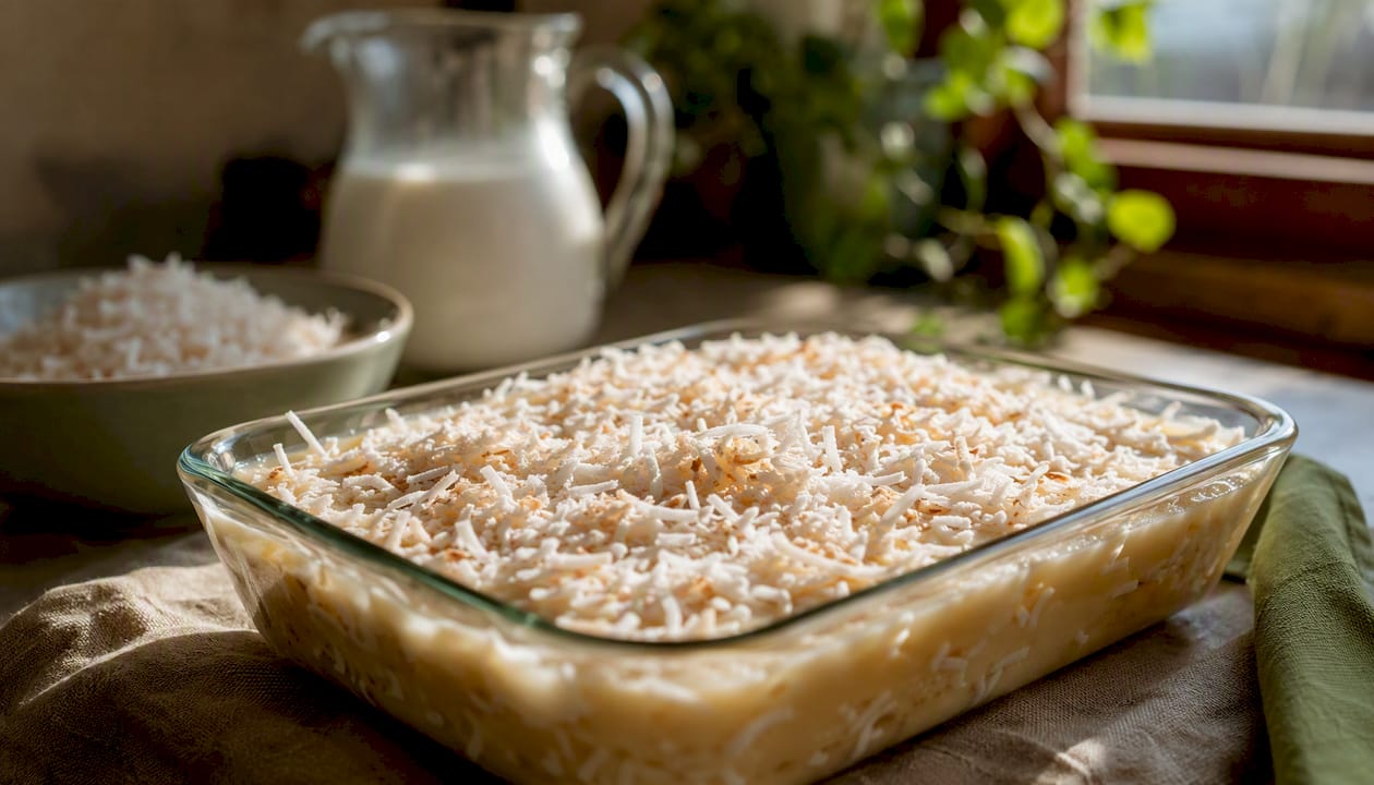 Coconut natilla topped with shredded coconut